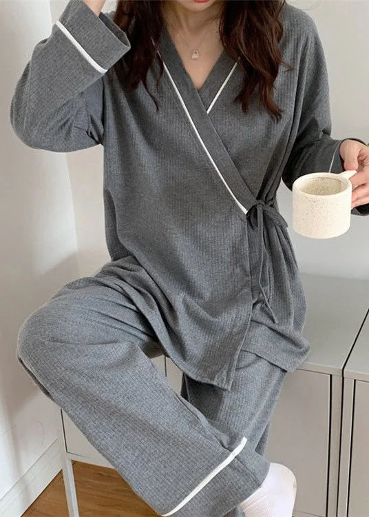 Plus Size Grey Patchwork Lace Up Cotton Pajamas Two Pieces Set Summer Confident Women's High - fashion Plus Size Grey Patchwork Lace Up Cotton Pajamas Two Pieces Set Summer Confident Women's High - fashion