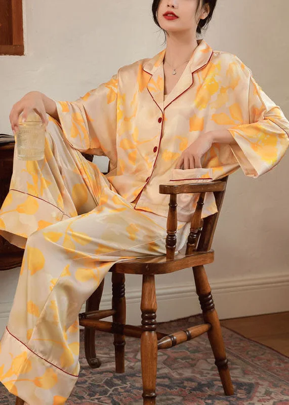 Plus Size Yellow Oversized Print Ice Silk Pajamas Women Sets 2 Pieces Batwing Sleeve Sleek Women's Metallic Plus Size Yellow Oversized Print Ice Silk Pajamas Women Sets 2 Pieces Batwing Sleeve Sleek Women's Metallic