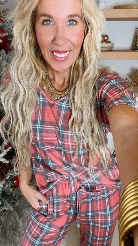 Red Tartan Pajama Pant Set by Salty Wave (TOP & BOTTOM) **Start Ship Date: Nov 29th**DEAL-COUPON EXCLUDED Refined Women's Hand - crafted
