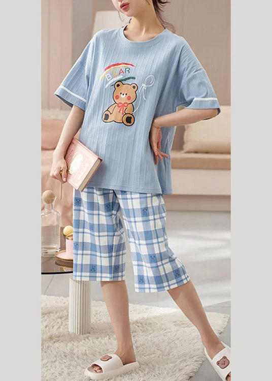 Simple Blue O-Neck Print Pajamas Two Piece Set Short Sleeve Country