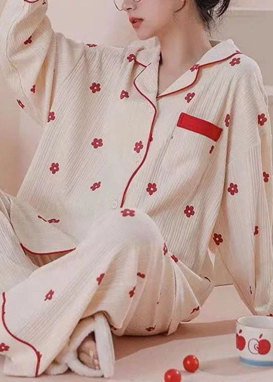 Stylish Beige Patchwork Floral Cotton Pajamas Women Sets Spring Stylish Women's Tropical Stylish Beige Patchwork Floral Cotton Pajamas Women Sets Spring Stylish Women's Tropical