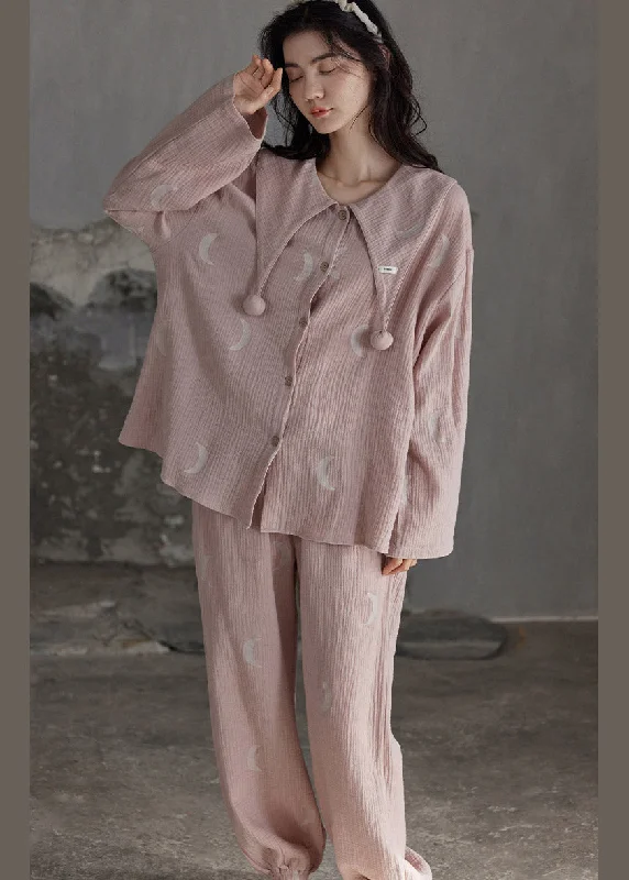 Unique Pink Sailor Collar Print Button Cotton Pajamas Long Sleeve Elegant Women's 