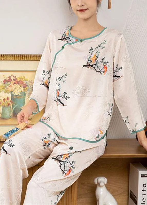 Vintage Beige O-Neck Oriental Print Ice Silk Pajamas Two Pieces Set Spring Monochromatic Office Style Vintage Beige O-Neck Oriental Print Ice Silk Pajamas Two Pieces Set Spring Monochromatic Office Style