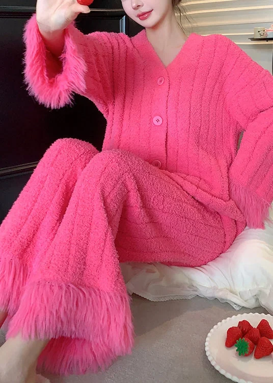 Warm Rose V Neck Button Fluffy Pajamas Two Pieces Set Winter Refined Women's 