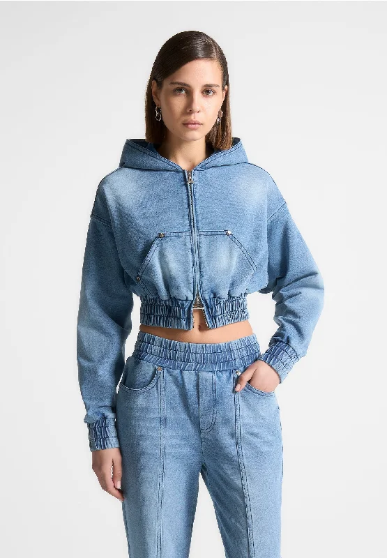 Washed Denim Jersey Hoodie - Mid Blue French