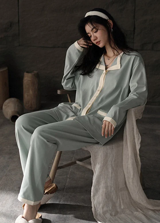Women Blue Peter Pan Collar Patchwork Button Cotton Pajamas Two Pieces Set Spring Athletic Women's Women Blue Peter Pan Collar Patchwork Button Cotton Pajamas Two Pieces Set Spring Athletic Women's